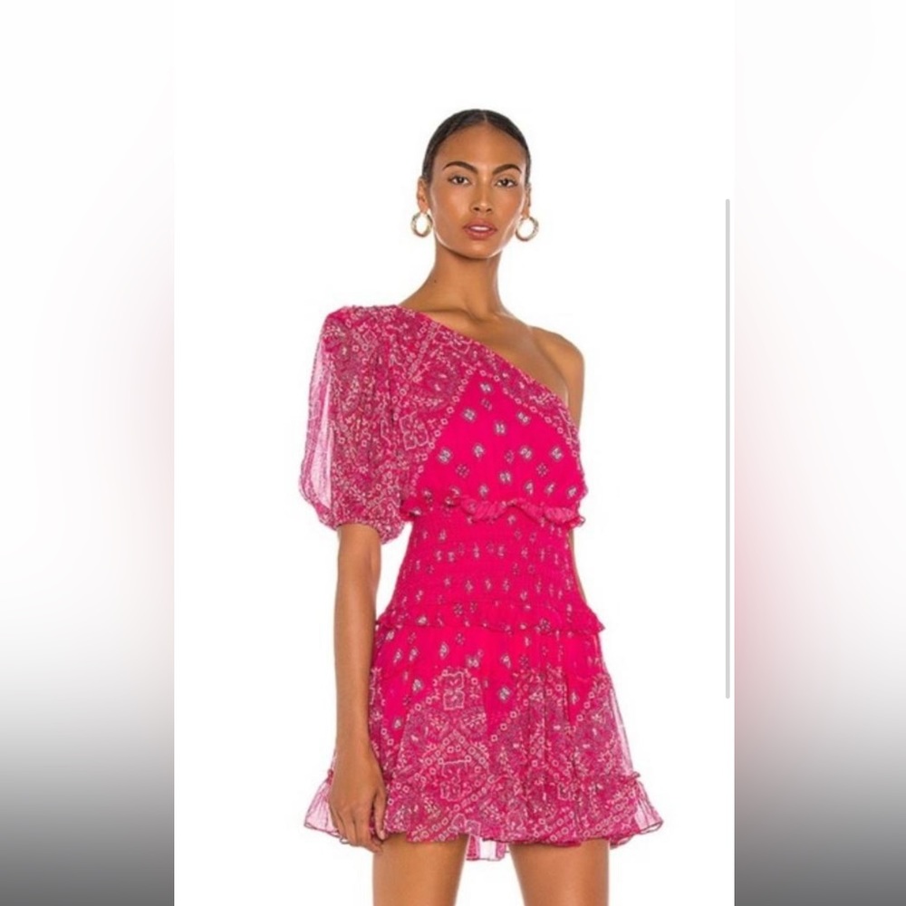 Rococo Sand Romani One Shoulder Bandana Print smocked mini dress in pink